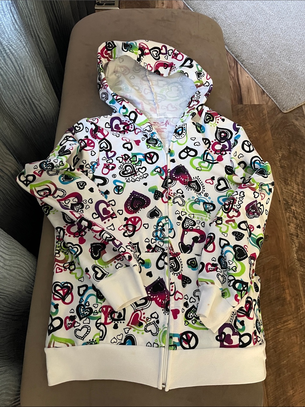 total girl White Zip Hoodie with Multicolor Hearts & Peace Signs